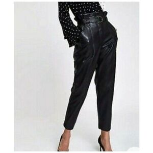 DO+BE Black vegan Leather Paperbag Pants Belted Tapered High Rise Moto sz Small